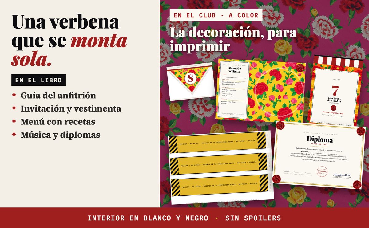 Guía de la fiesta del libro y decoración de verbena a color: invitación, menú, banderines, cinta policial y diploma